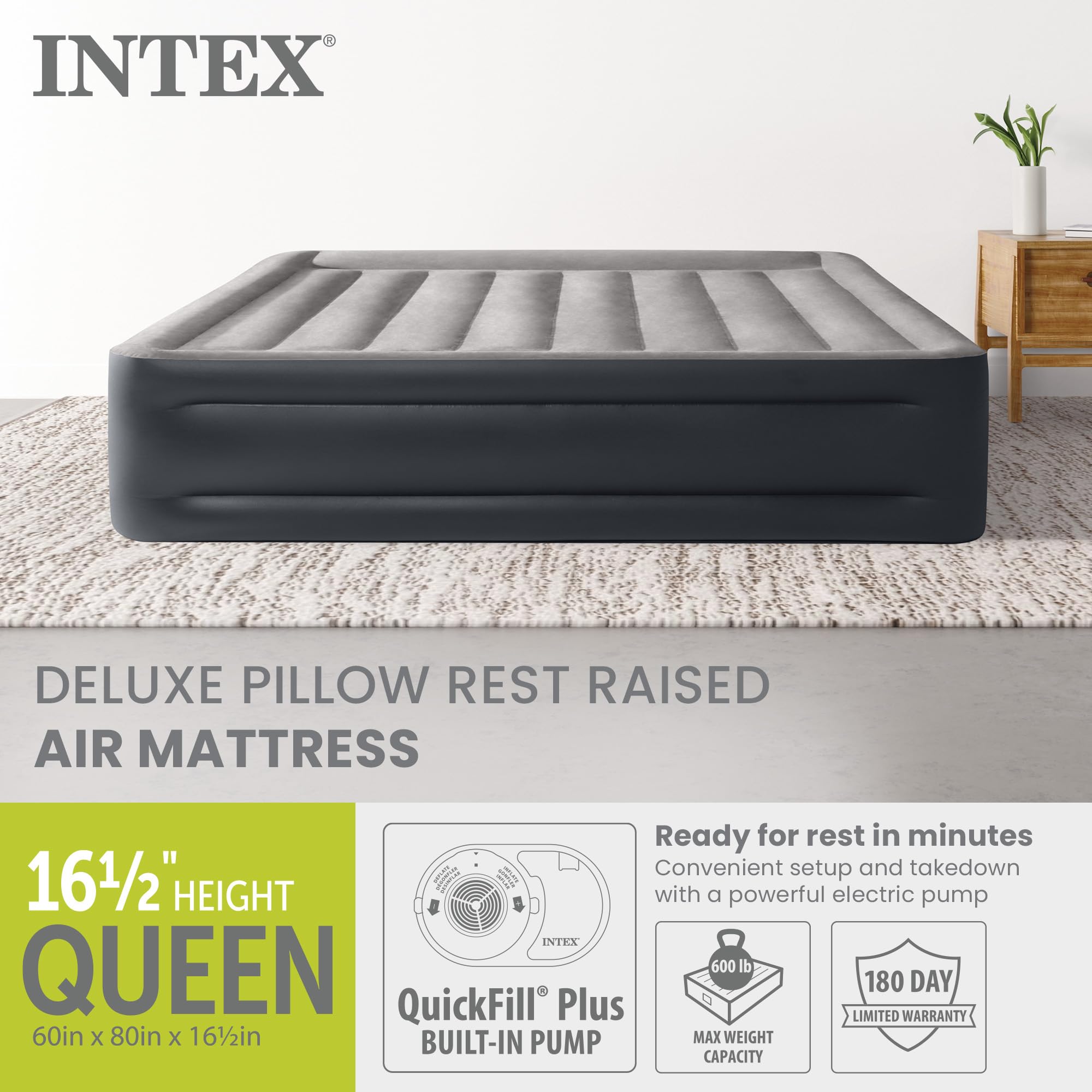 Intex Dura-Beam bed with built-in pump enables fast, effortless setup.
