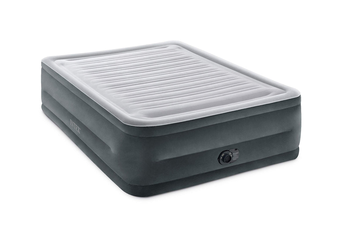 Intex 64417ED queen air mattress with built-in pump for quick setup on travel.