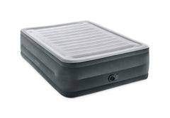 Intex 64417ED queen air mattress with built-in pump for quick setup on travel.