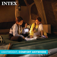 Intex queen-size mattress with 60x80 inches sleeping area.