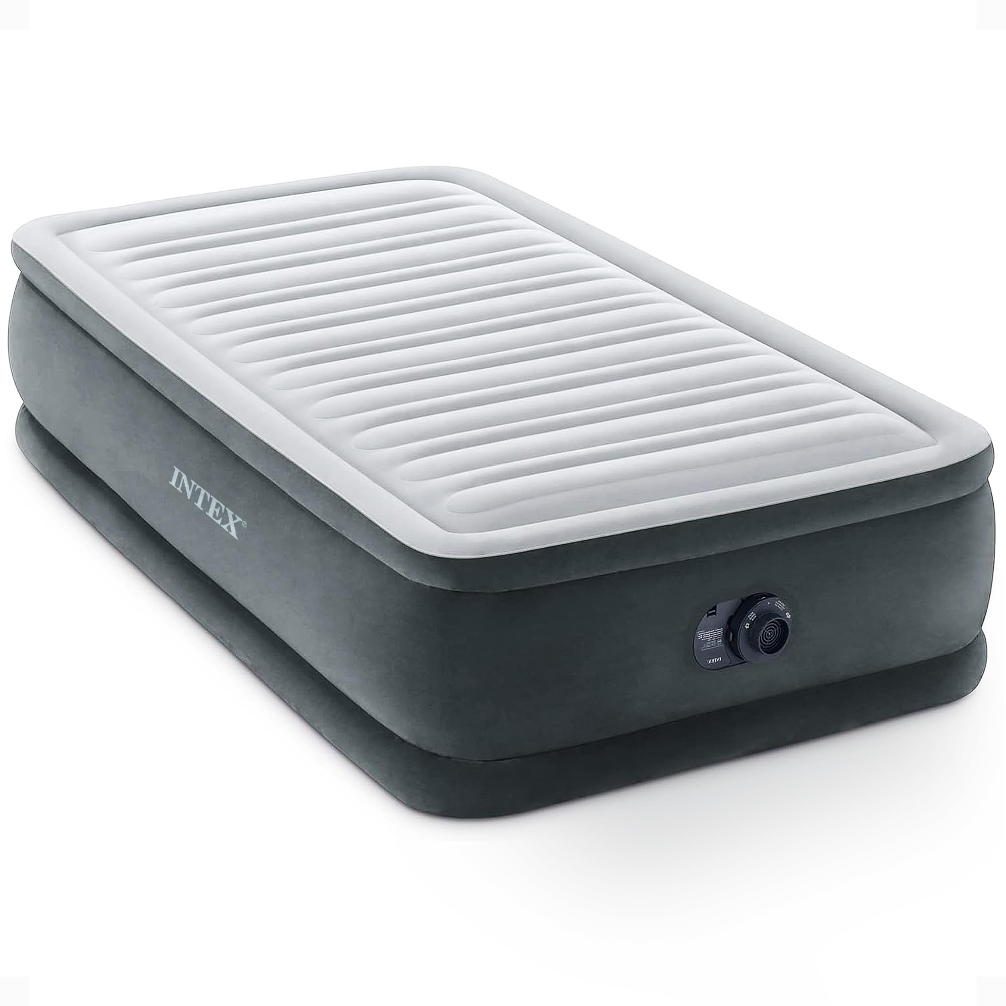 Intex Dura-Beam Deluxe Comfort-Plush mattress inflating quickly for guests.
