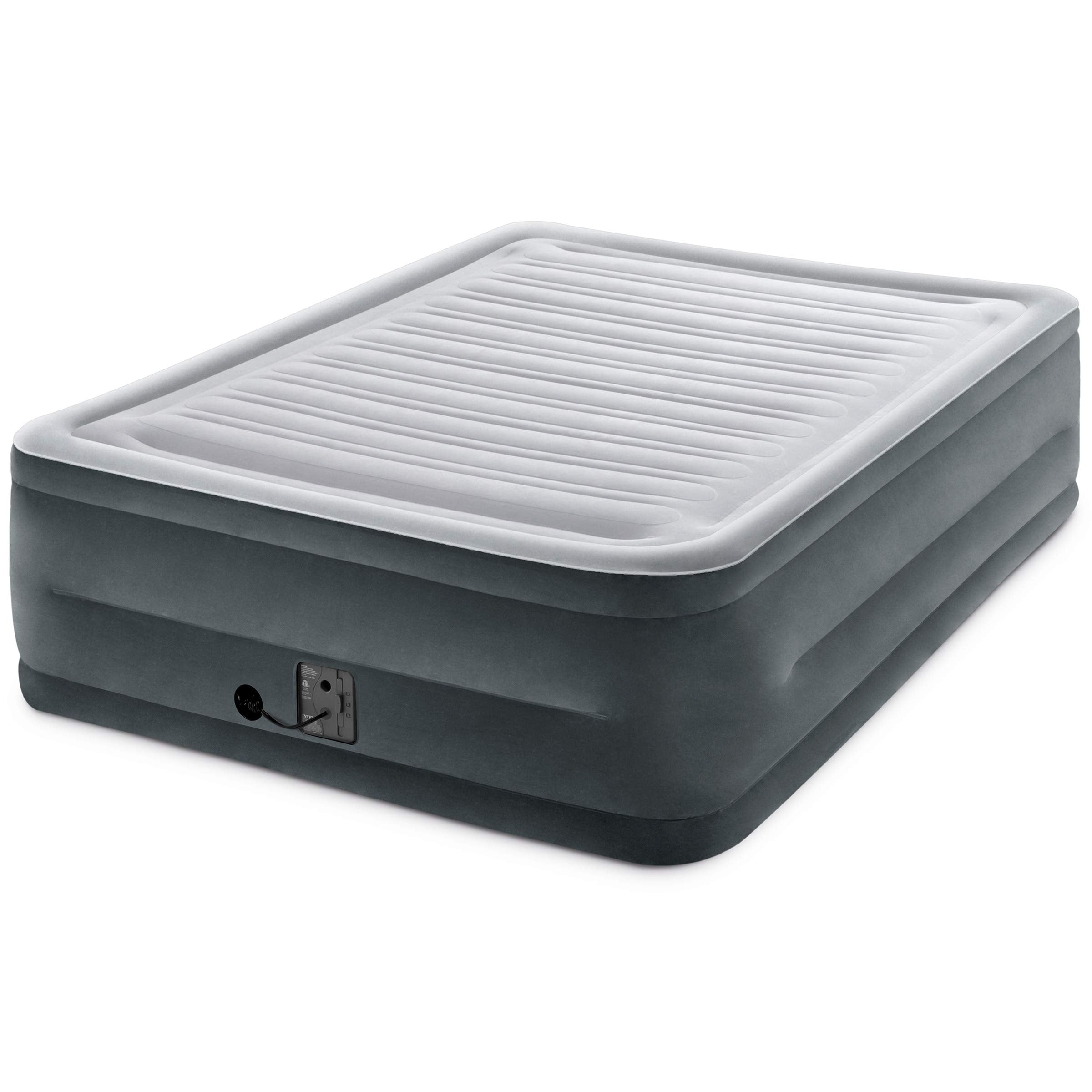 Intex Comfort Plush elevated airbed pump close-up demonstrates quick inflation capability