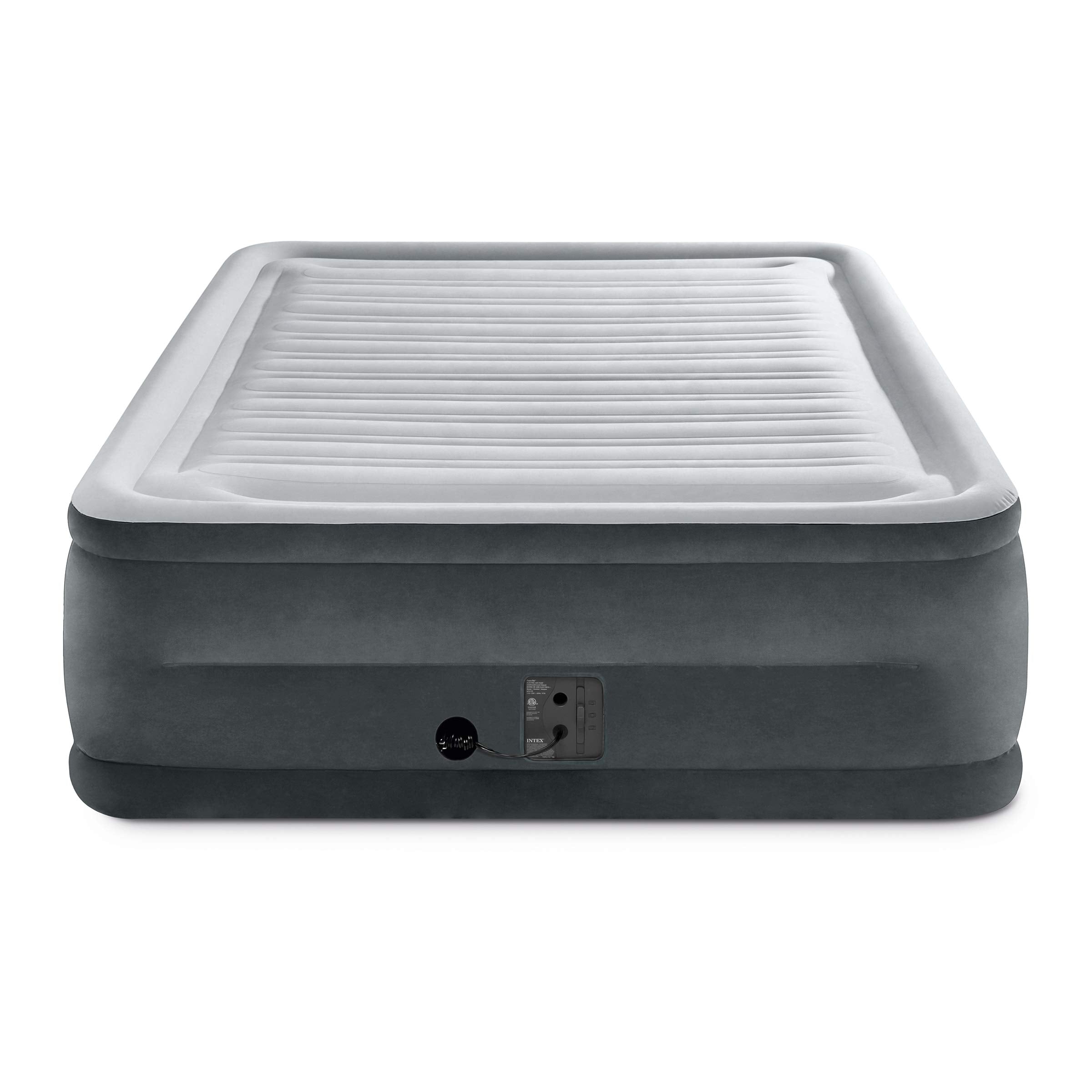 Intex Comfort Plush elevated airbed packaged image shows easy storage and portability