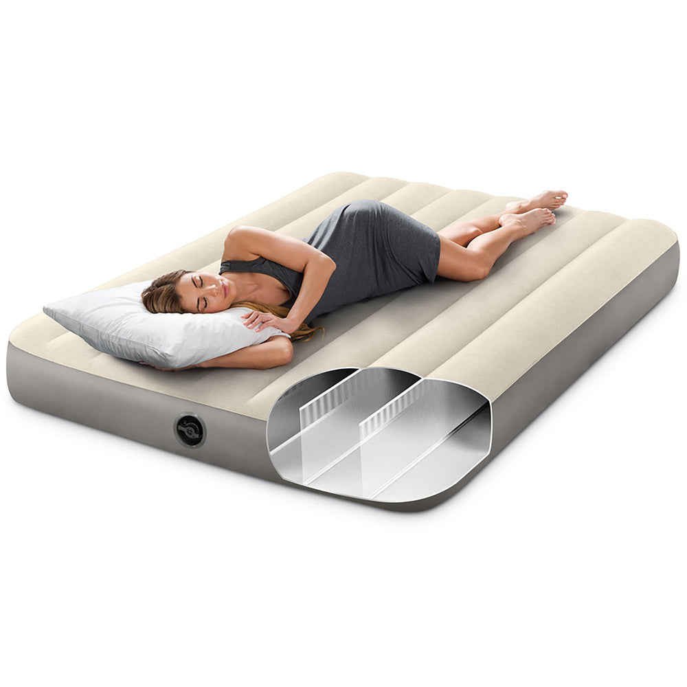 Intex Dura-Beam full-size bed measures 54 by 75 inches for versatile sleep spaces.