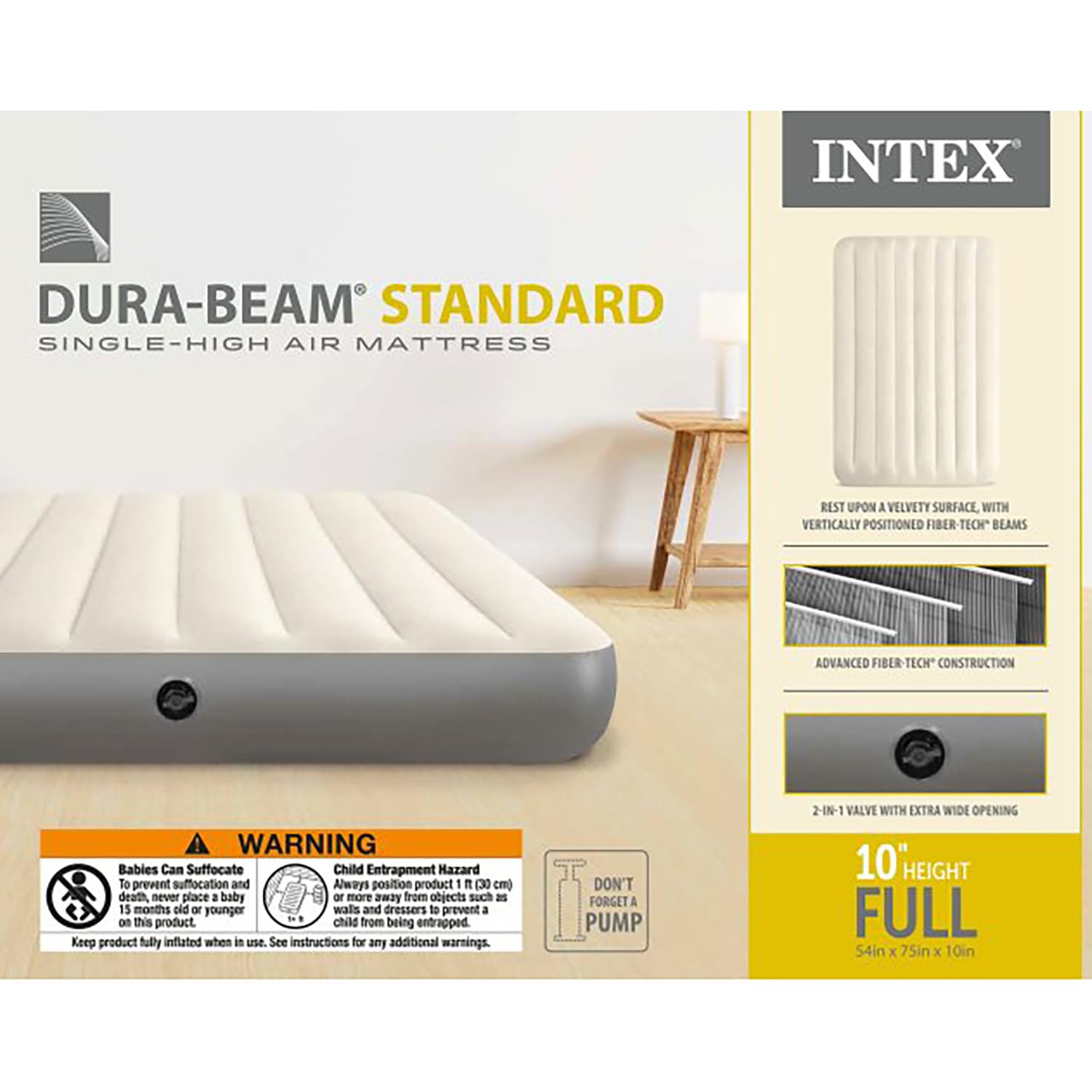 Intex Dura-Beam bed with pump sold separately offers flexible inflating options.