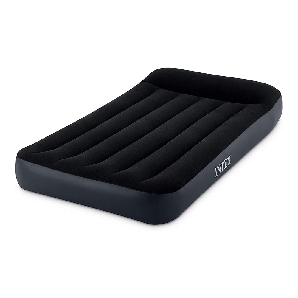 Intex Dura-Beam pillow-top airbed carrying bag illustrates portable guest-ready setup.