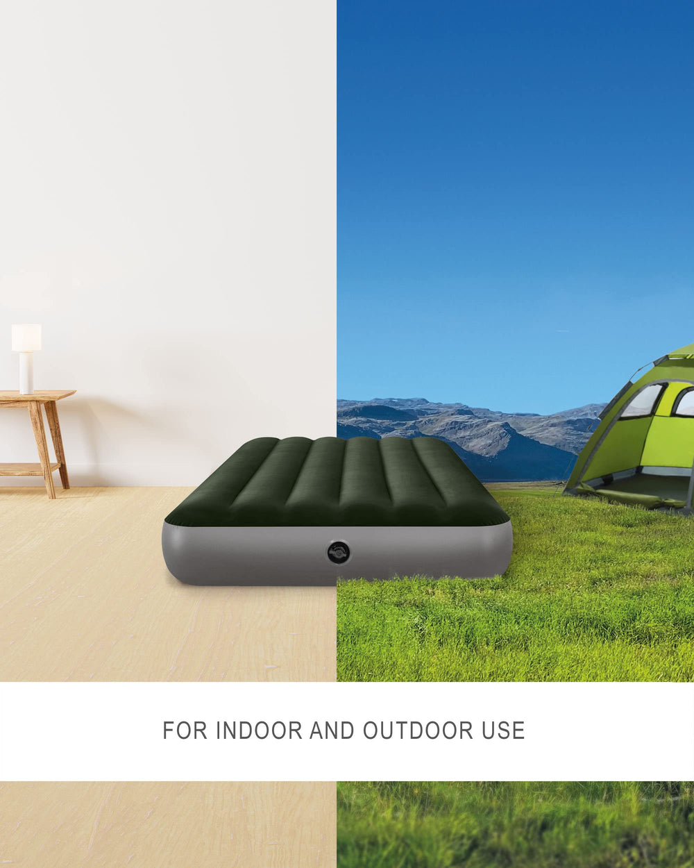 Intex Dura-Beam Standard Prestige air mattress with 2-in-1 valve for easy inflation.