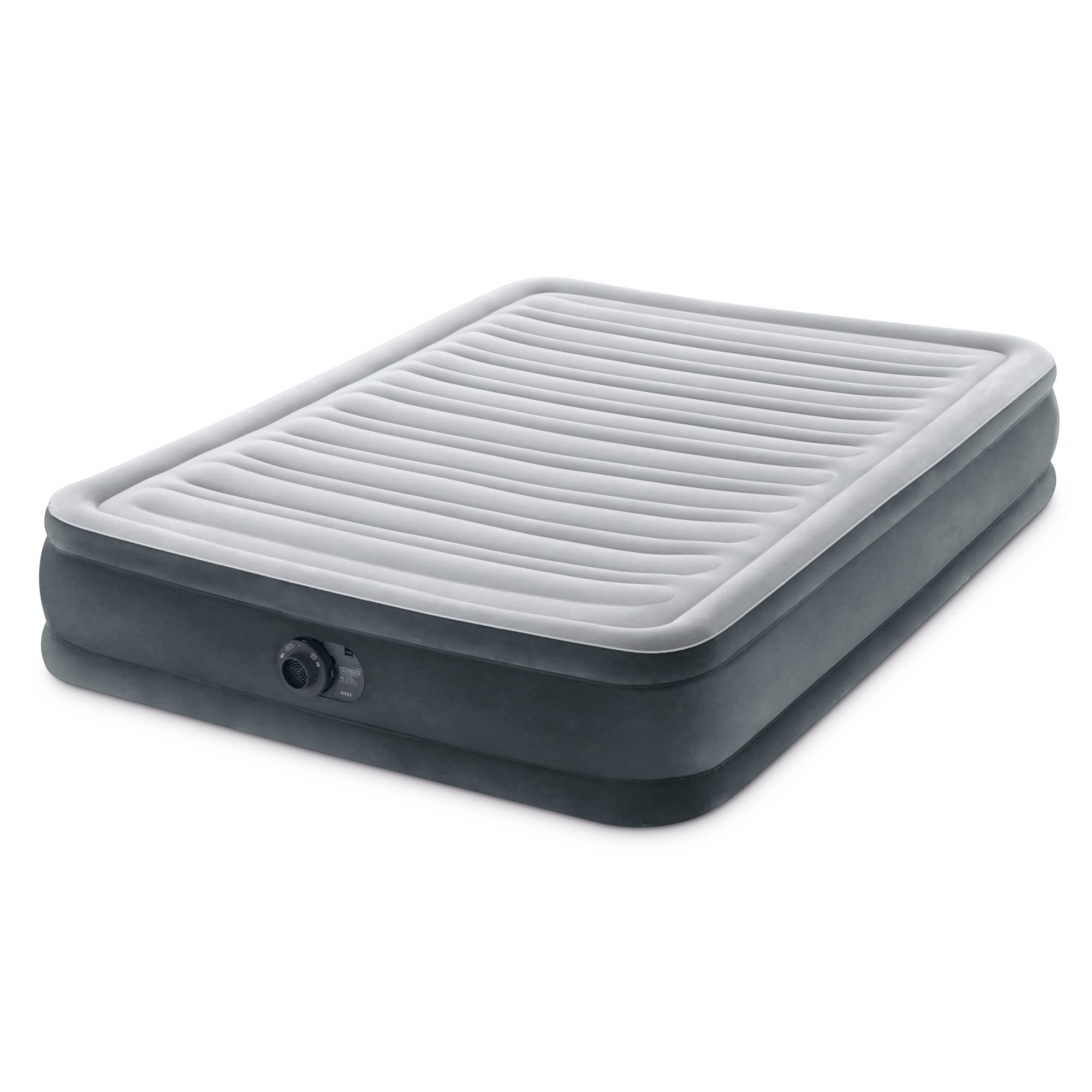 Intex mid-rise air mattress bed with built-in pump for quick setup.