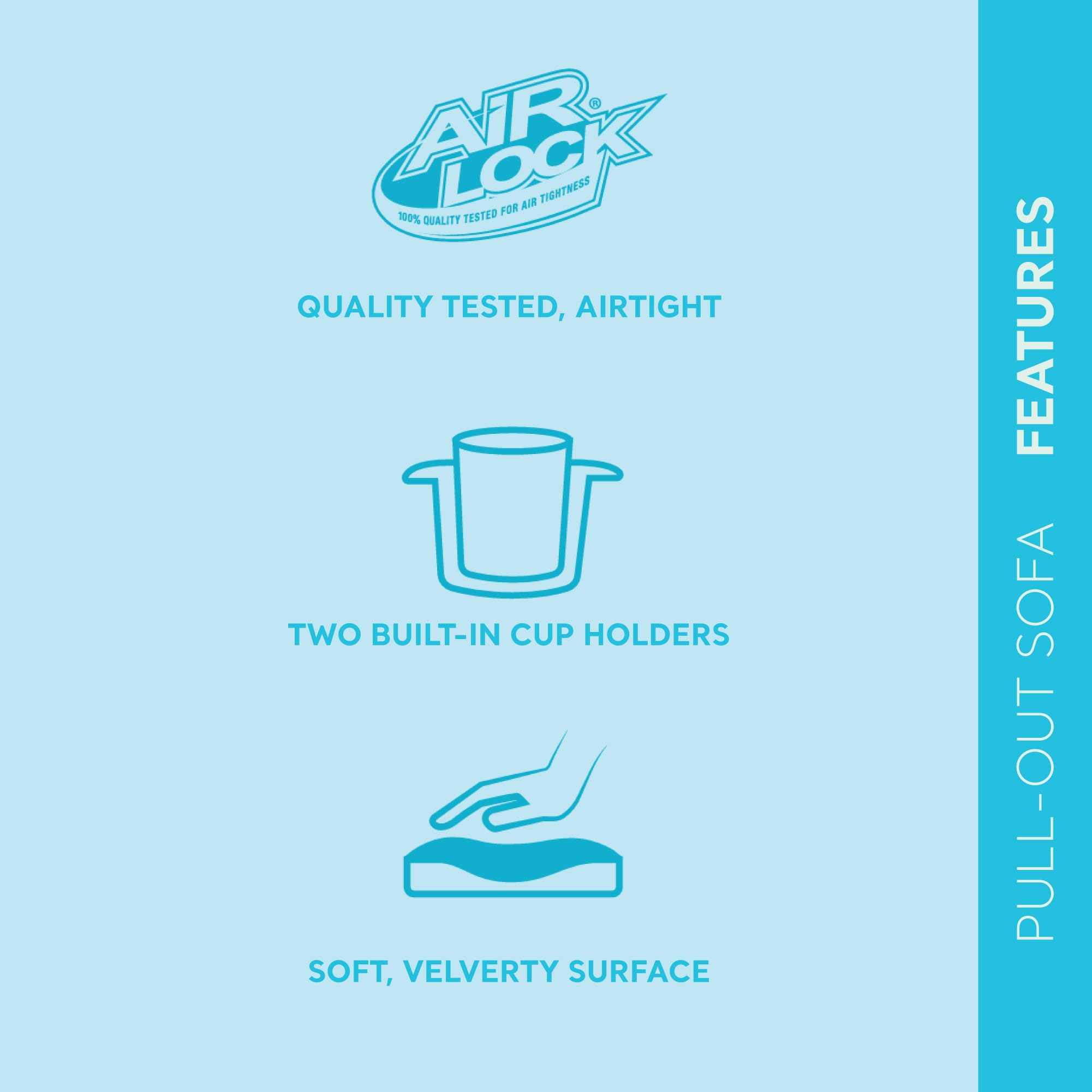 Intex pull-out sofa features built-in cupholders for drinks within reach.