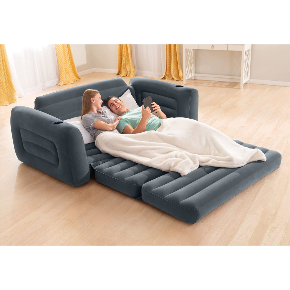 Intex pull-out sofa creates flexible guest accommodation in tight spaces.