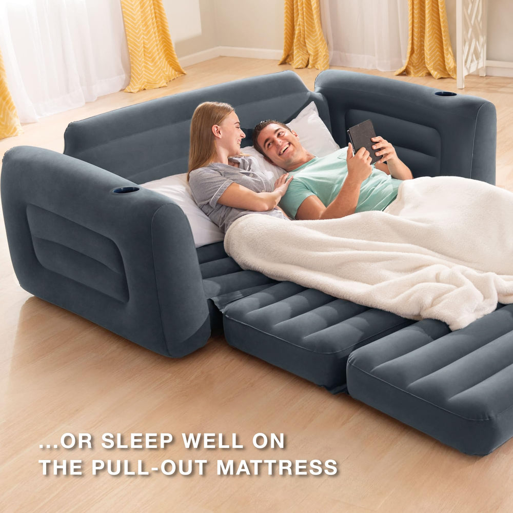 Intex pull-out sofa in charcoal gray adds modern style to any room.