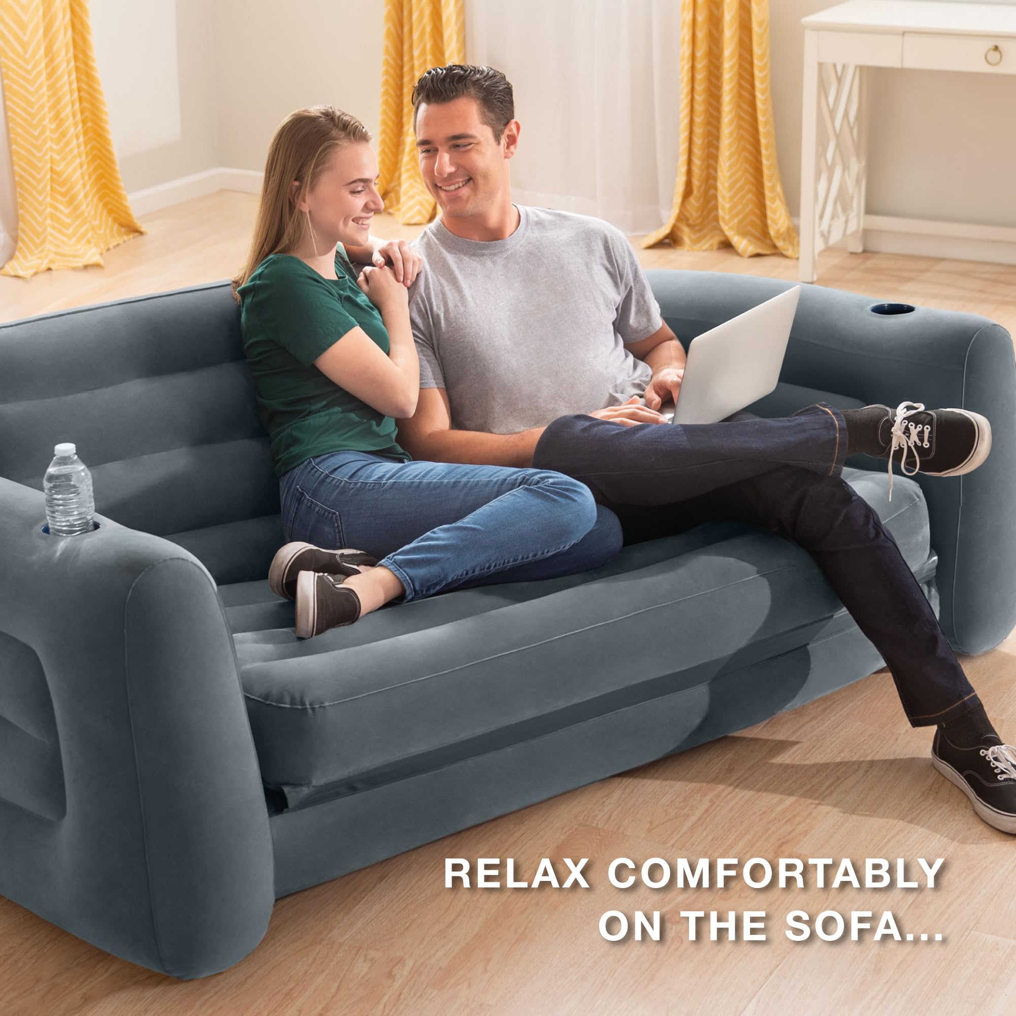 Intex pull-out sofa converts to a queen-size bed for guests.