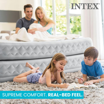 Intex Supreme Air Flow Twin features Fiber-Tech beam construction for durable support.