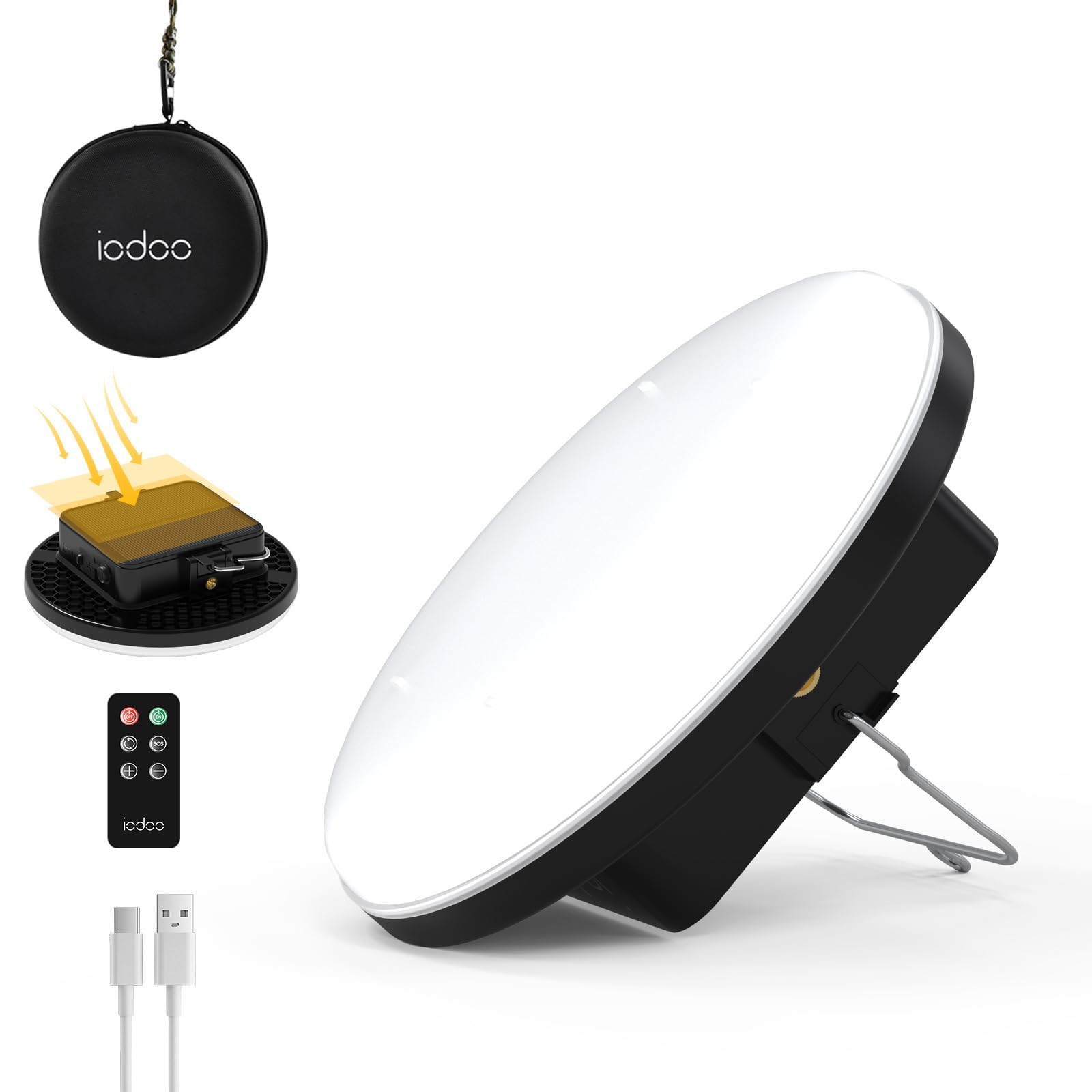 iodoo 16500mAh solar camping lantern front view showing bright illumination for all-night visibility