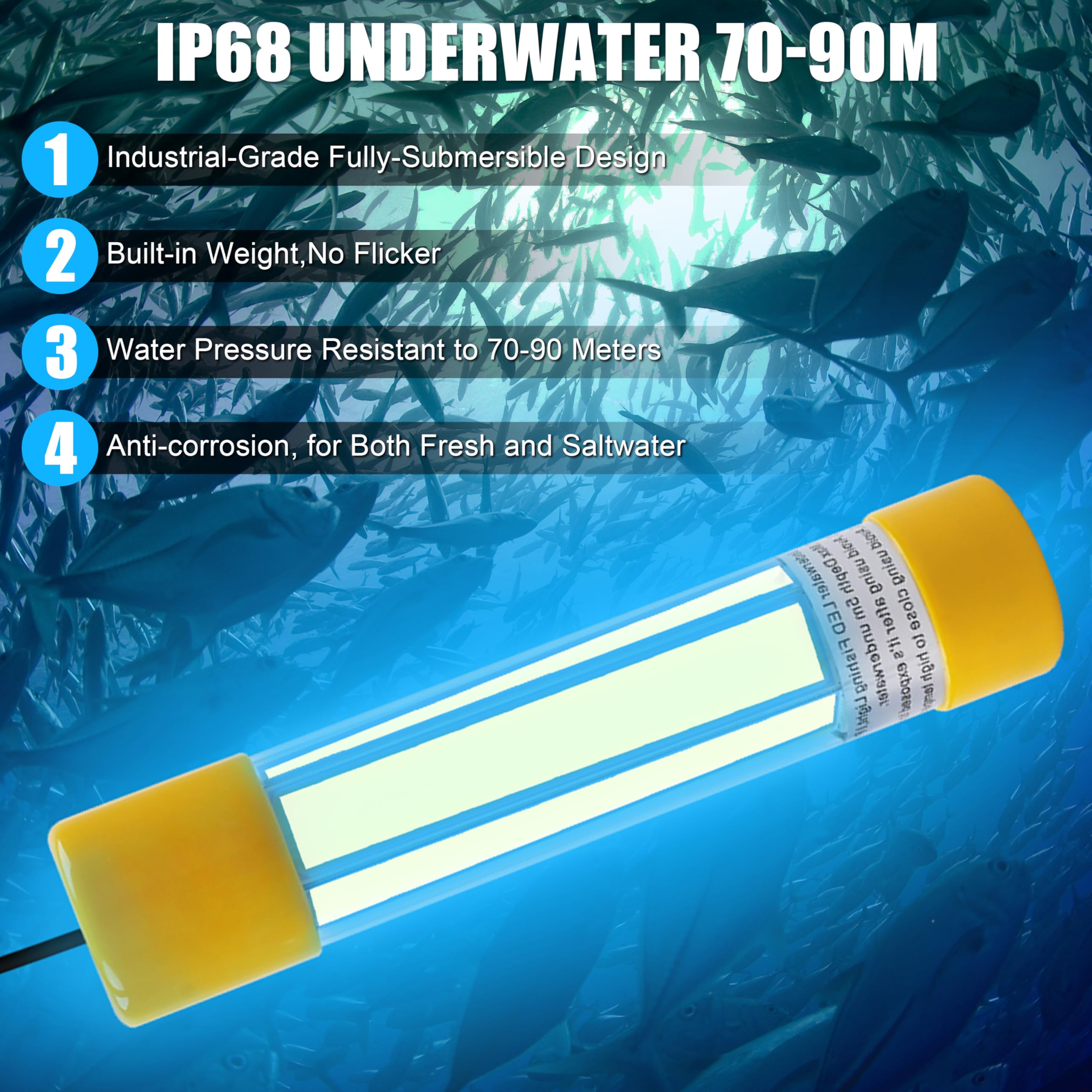IP68-rated submersible fishing light with rugged PC protective case