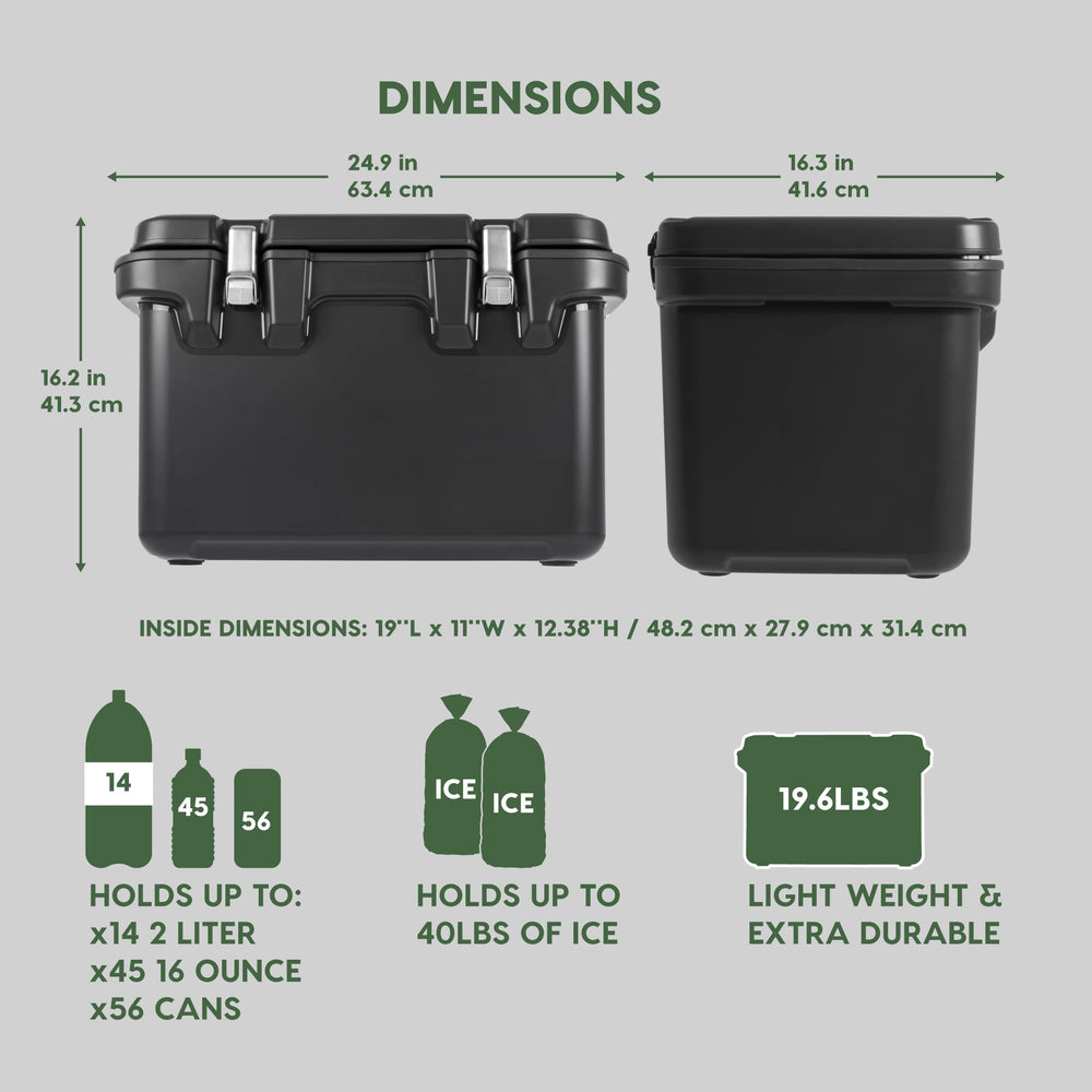 IRIS USA Hugel 44 Qt cooler lid open for easy access to drinks and snacks.