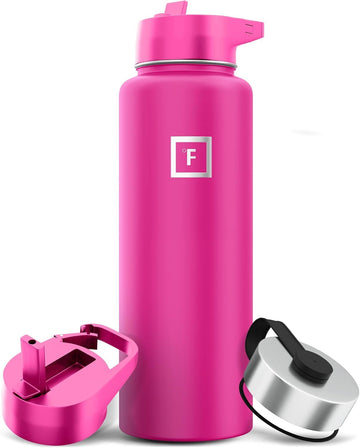 IRON °FLASK 40oz pink-tulip camping bottle ready for rugged outdoor adventures.