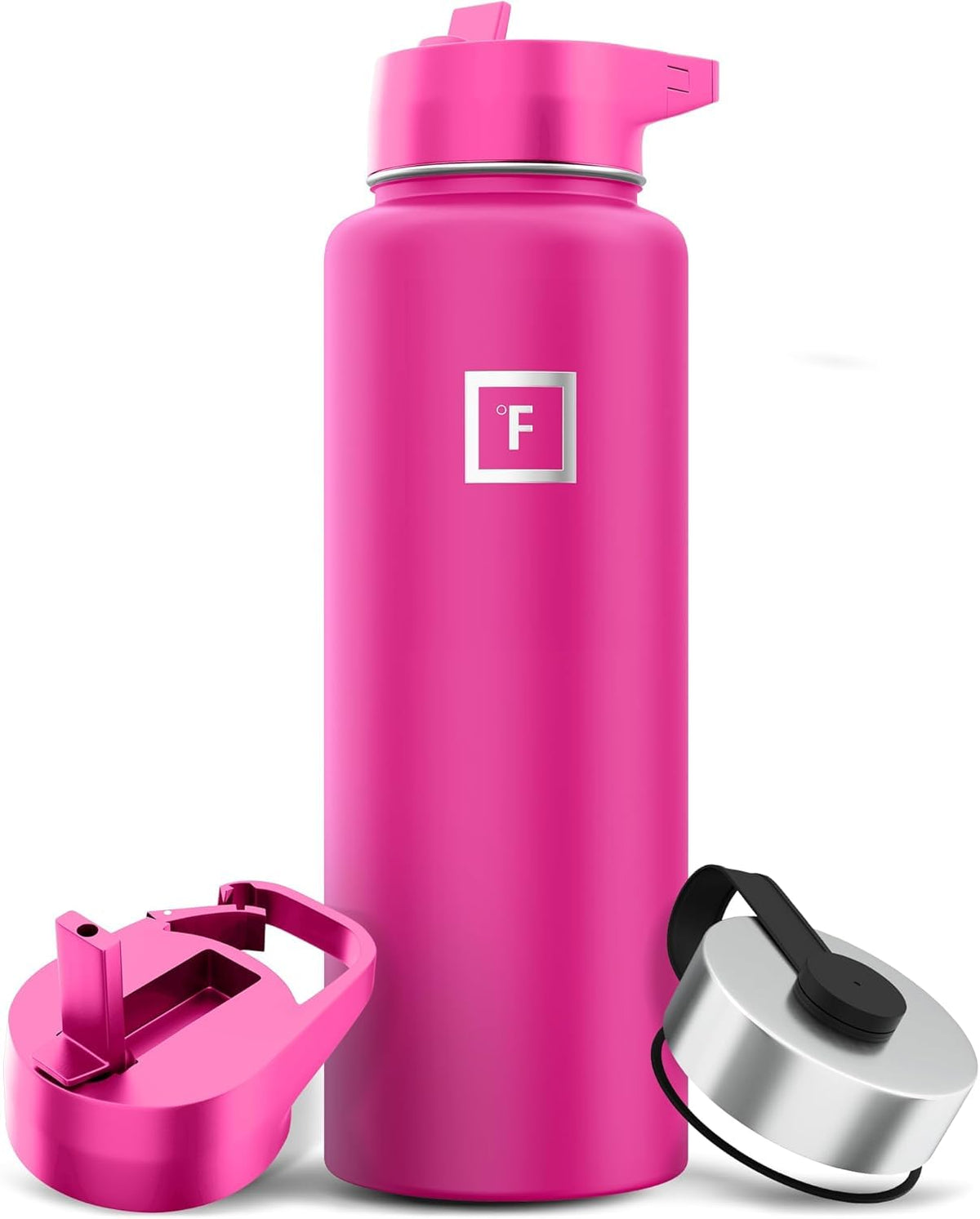 IRON °FLASK 40oz pink-tulip camping bottle ready for rugged outdoor adventures.
