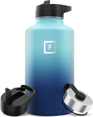 IRON °FLASK 64oz blue waves side view demonstrates durable hydration on hikes.