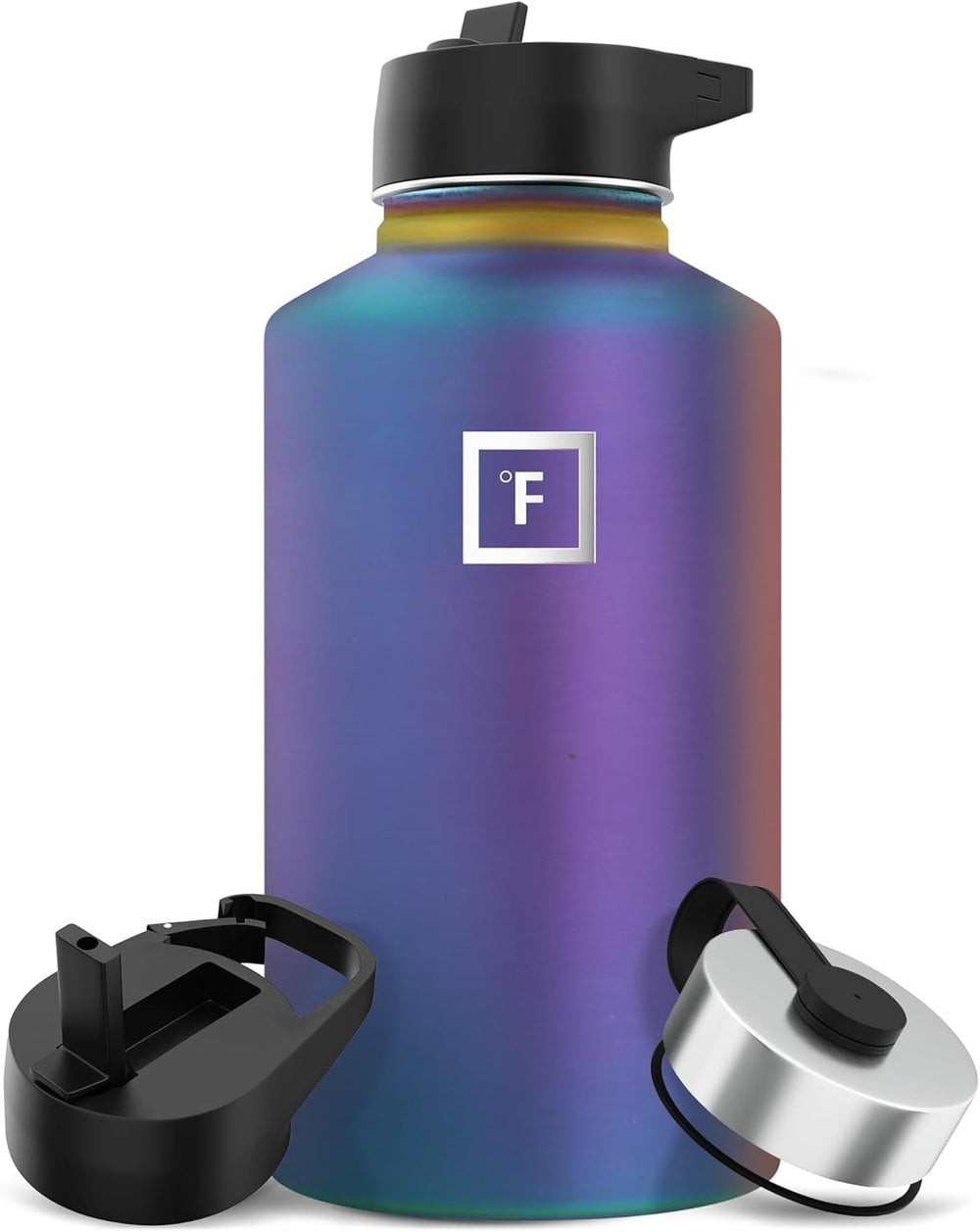 IRON °FLASK Aurora 64oz front view highlights durable insulated bottle for outdoor adventures.