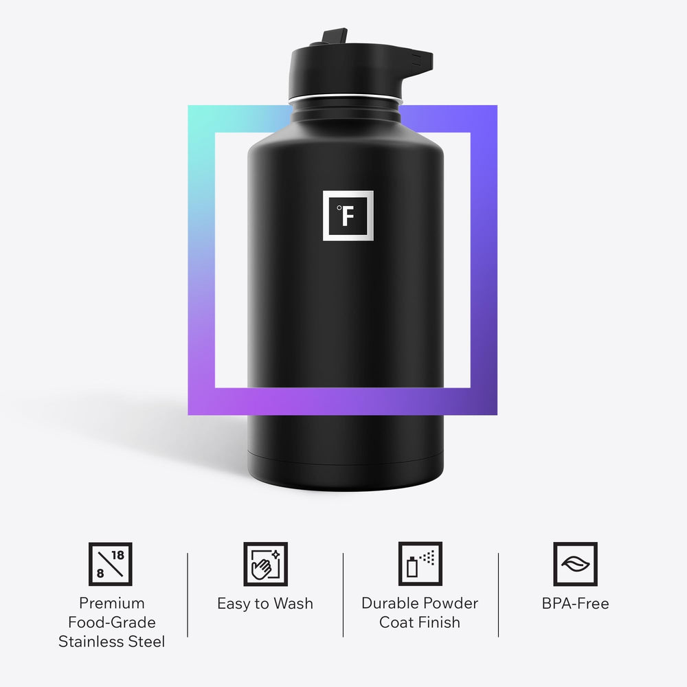 IRON °FLASK Aurora 64oz sweat-free insulation keeps drinks cold on hot days.