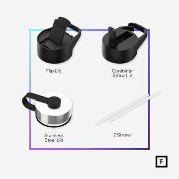 IRON °FLASK fire-red 3-lid system closeup showcases versatile hydration options for travel.