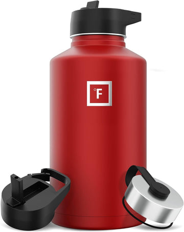 IRON °FLASK fire-red 64oz bottle front view highlighting durable insulated design for long hikes.
