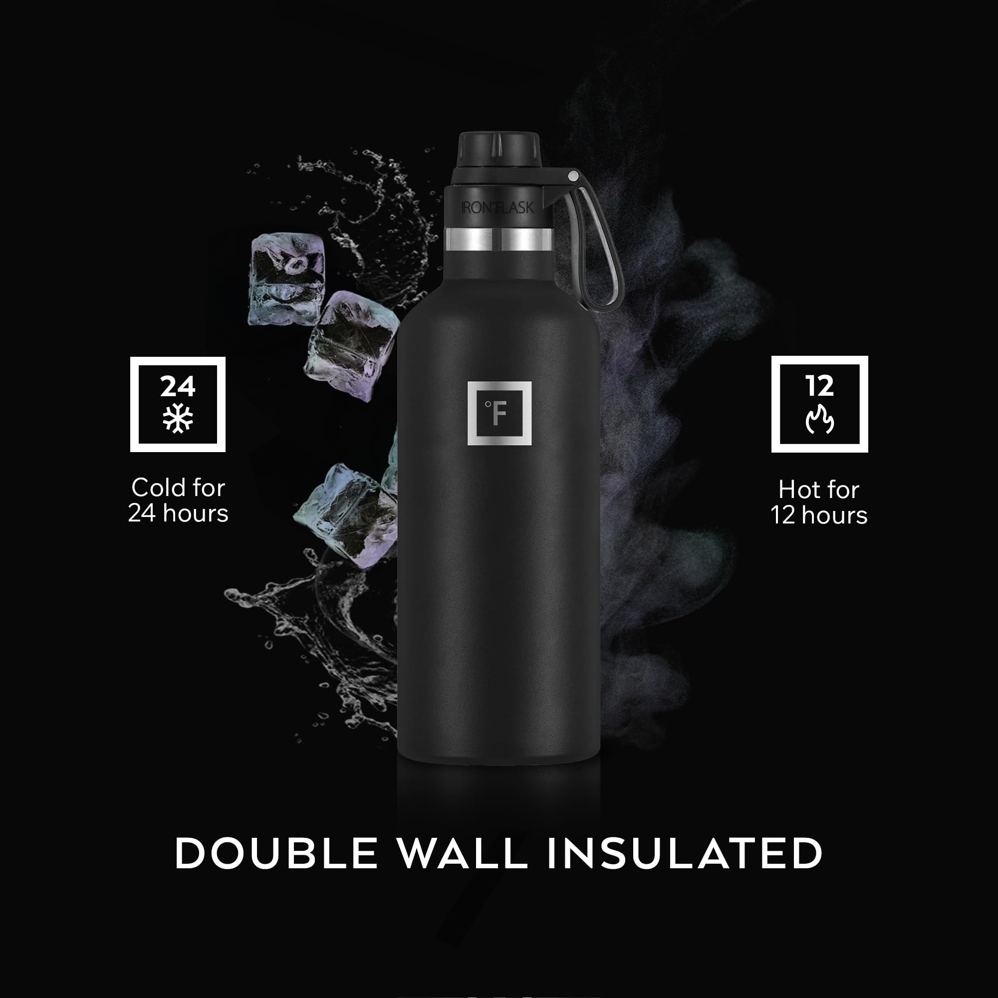 IRON °FLASK Sky bottle showing three lids for versatile use