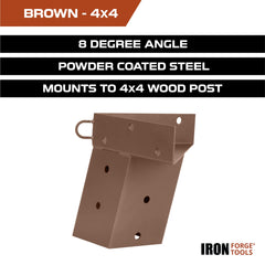 Iron Forge Tools deer stand bracket installation parts illustrates pre-drilled holes and lag bolts.