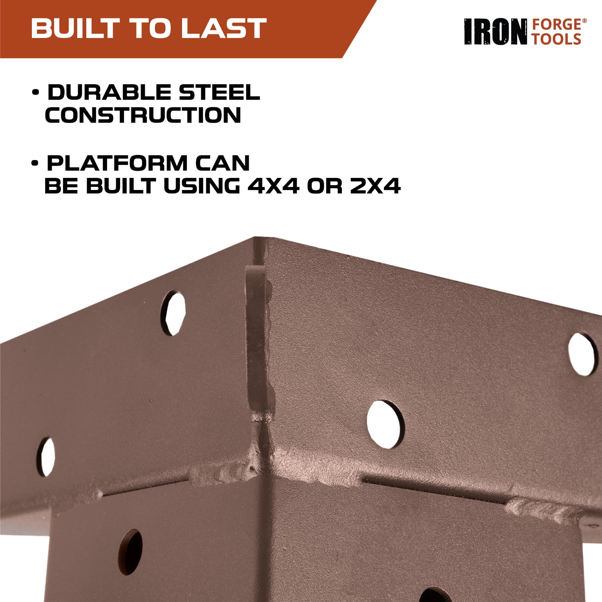 Iron Forge Tools tree stand bracket mounted demonstrates elevated deer blind compatibility and solid support.