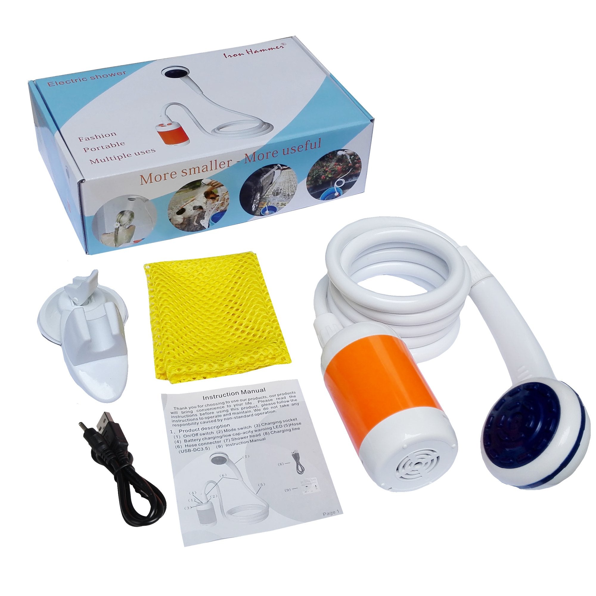 Iron Hammer ES01 multi-use shower illustrates indoor, pet, car washing and camping capabilities.