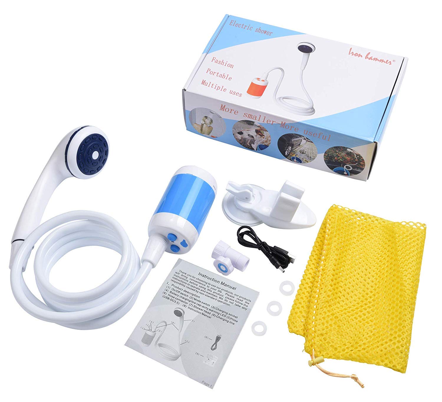 Iron Hammer compact, lightweight shower ideal for travel and packing.