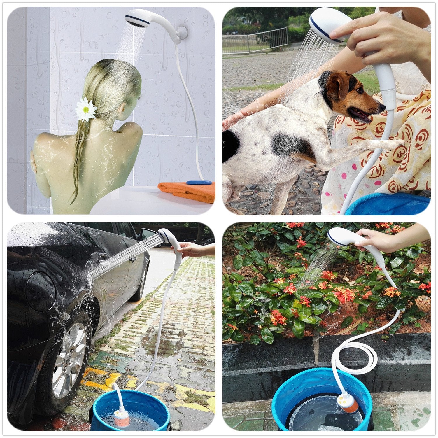 Iron Hammer portable shower used for pet bathing on trails.