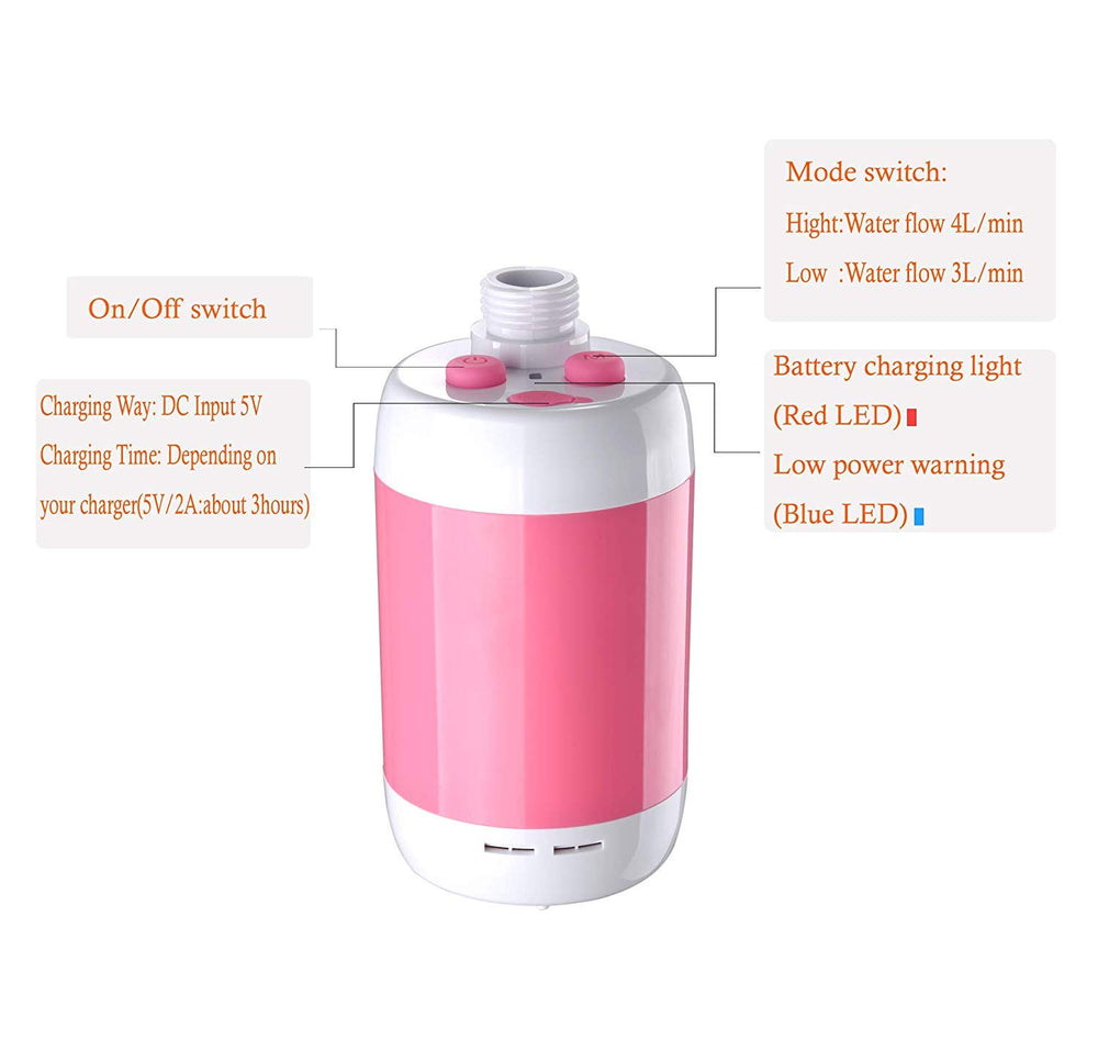 Iron Hammer portable shower pink indicator lights help monitor charging and battery status.