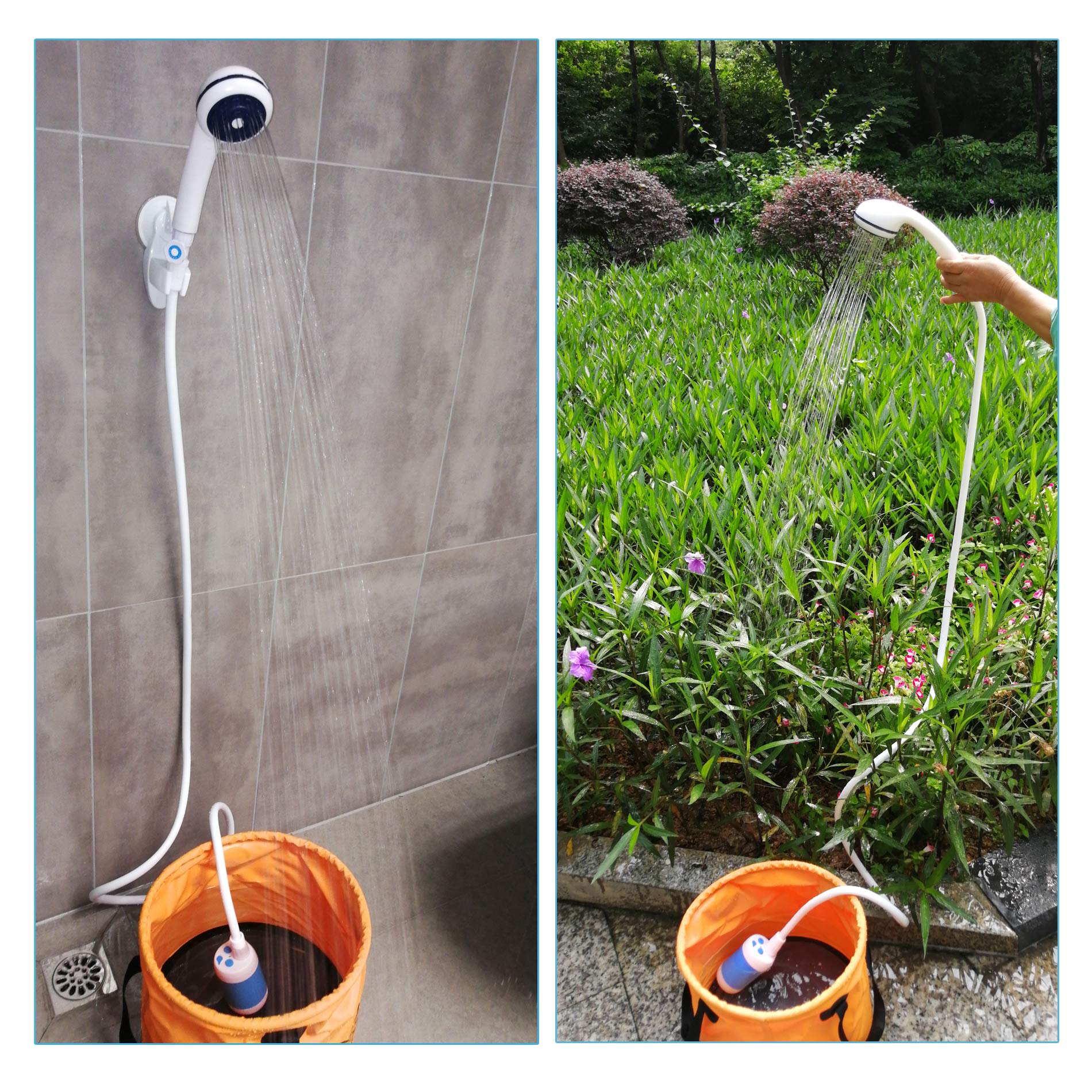 Iron Hammer portable shower compact pump highlights design for car camping.