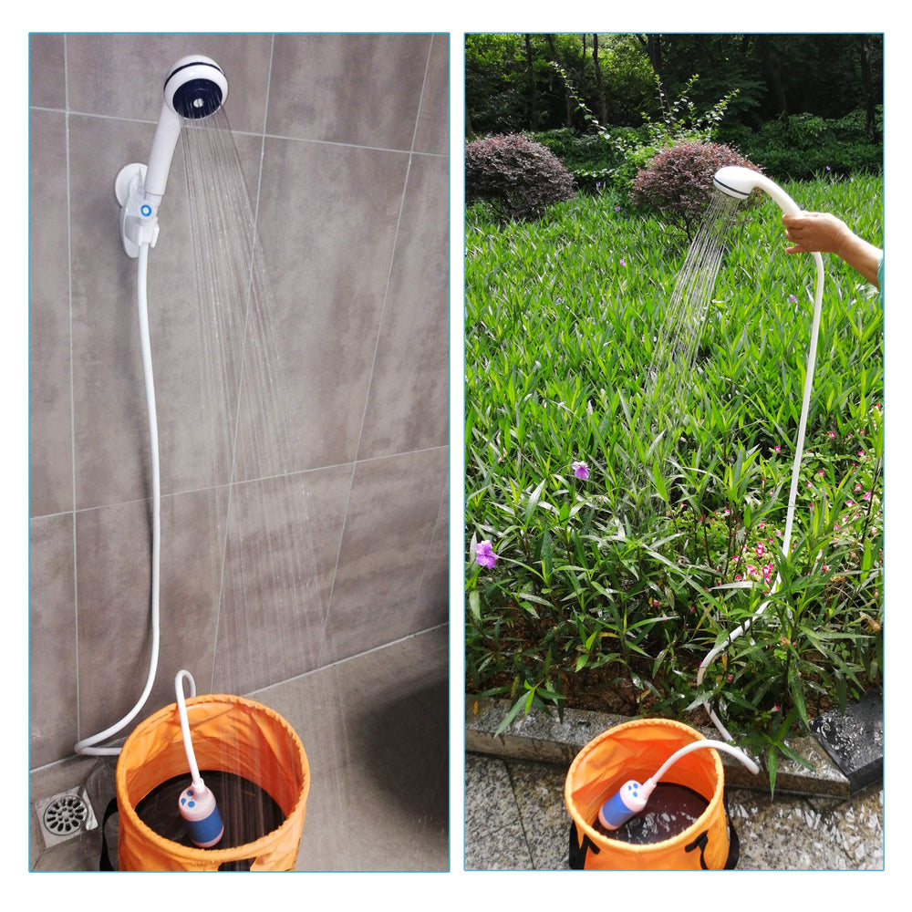 Iron Hammer portable shower compact pump highlights design for car camping.