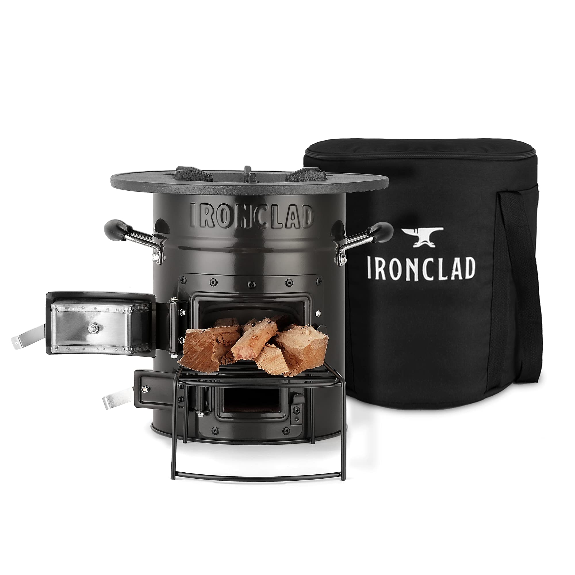 IronClad Supply Rocket Stove front view showing compact off-grid design for camping