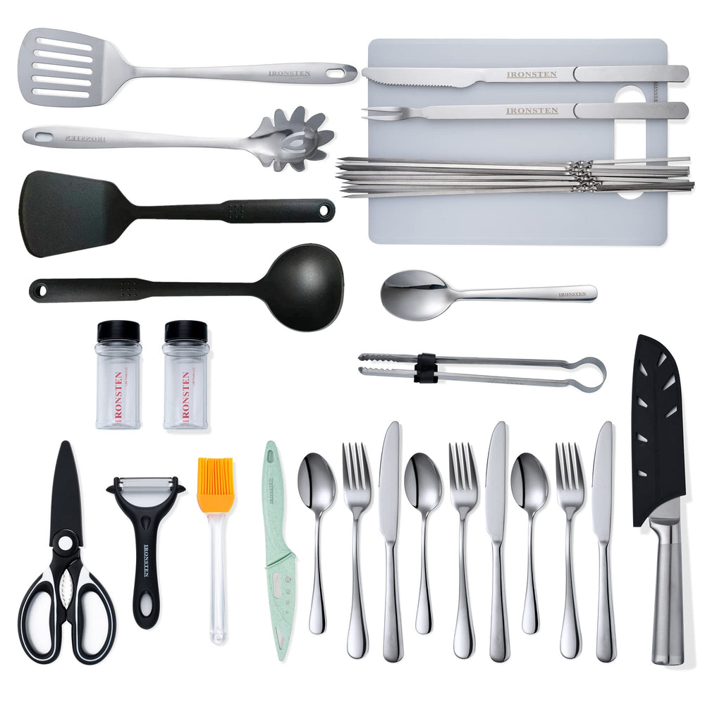Ironsten camping utensils inside bag with compartments for easy access
