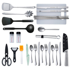 Ironsten camping utensils inside bag with compartments for easy access
