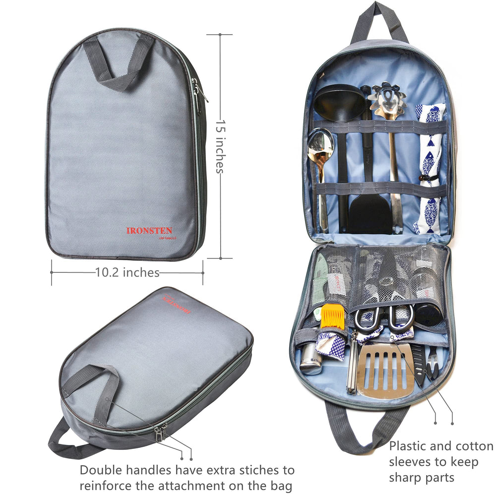 Ironsten chef knife and stainless tools ready for campfire meals