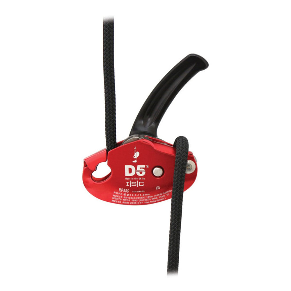ISC D5 push-button click-lock ensures safe, fast rope attachment.