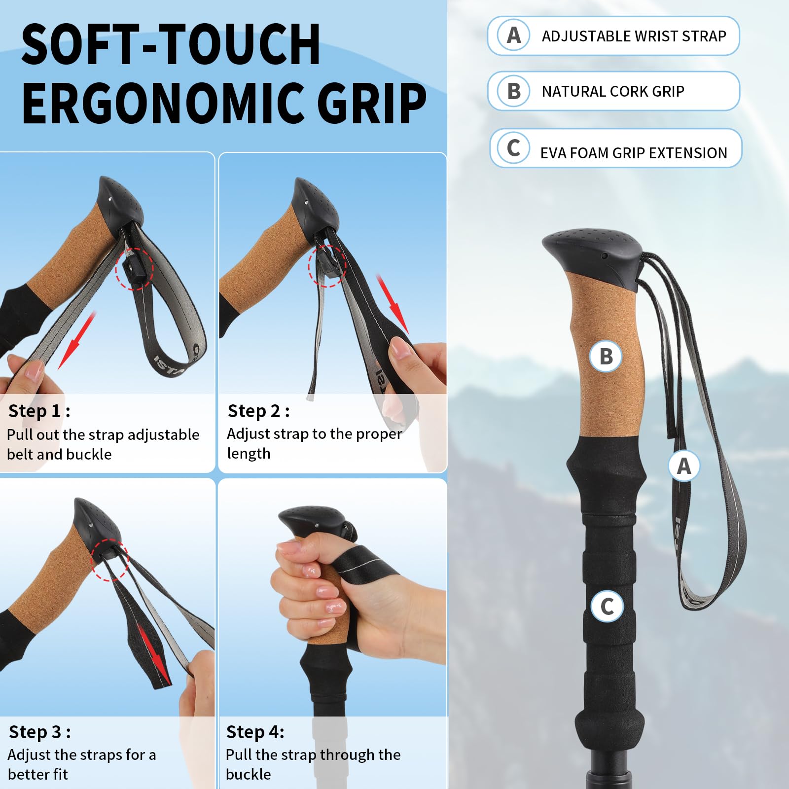 ISTATSO foldable poles pack neatly into a backpack for camping and mountaineering trips