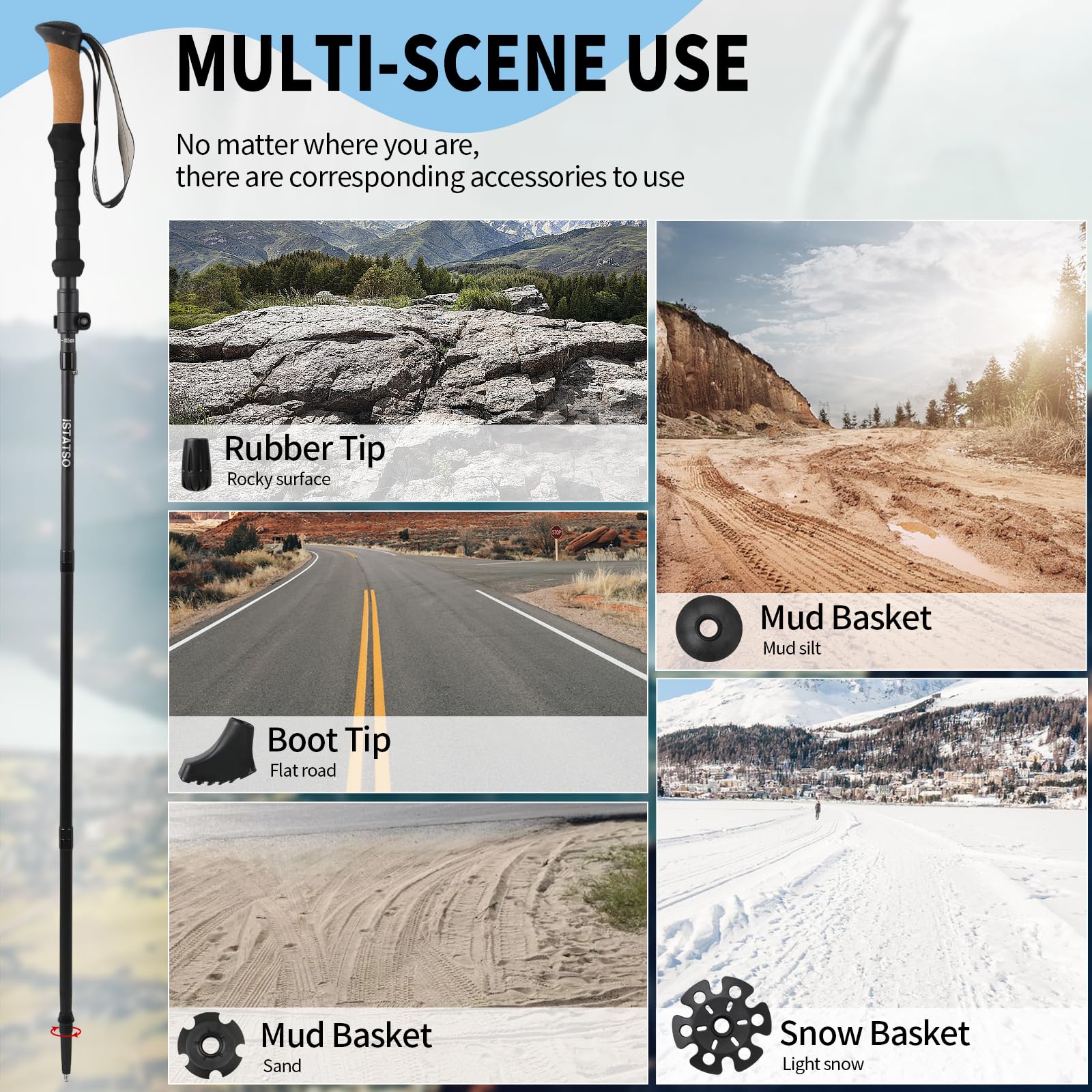 ISTATSO cork-handled poles provide comfortable grip and reduced hand fatigue on long hikes