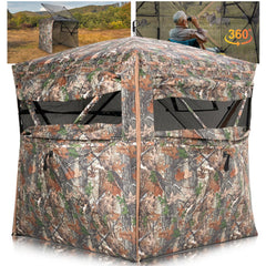 ITEFDTUTNE 360 see-through hunting blind with woodland camouflage offering expansive field of view.