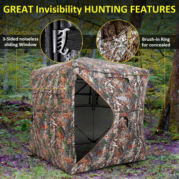 66 inches high, 75x75 hub to hub fits two to three hunters.