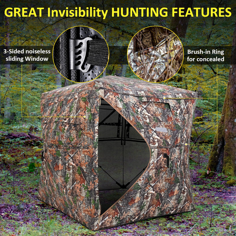 66 inches high, 75x75 hub to hub fits two to three hunters.