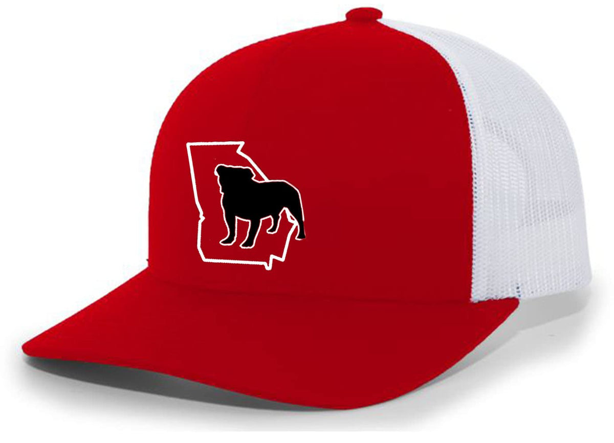 It's All About The South Georgia outline bulldog mesh-back trucker hat, ideal for game day and casual wear.