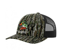 It's All About The South Wood Duck mesh back hat with original camo, ideal for outdoor use.