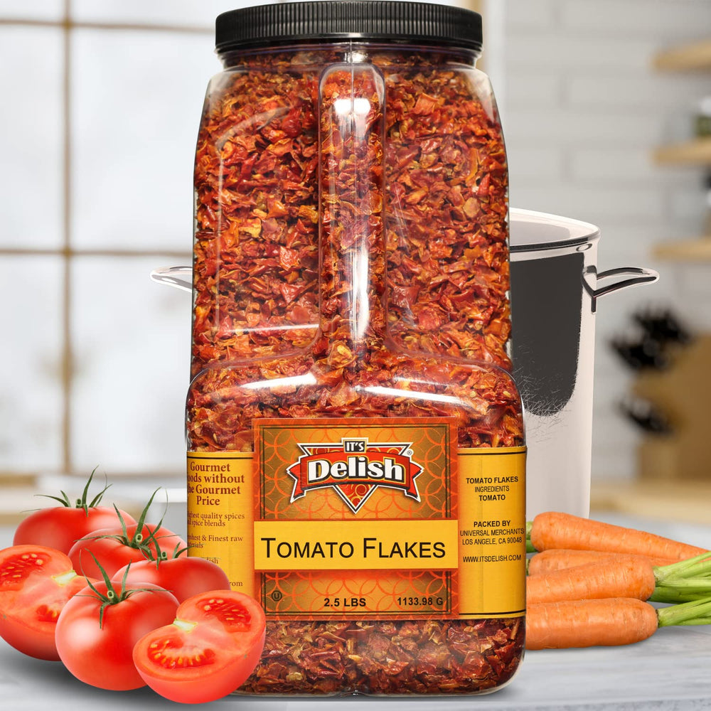 It's Delish bulk tomato flakes jug storage in pantry for quick meals