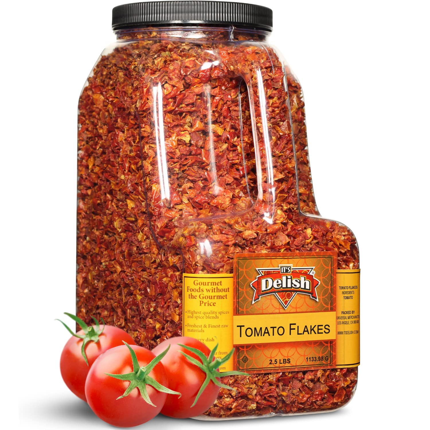 It's Delish dehydrated tomato flakes in gallon jug with handle for easy cooking prep